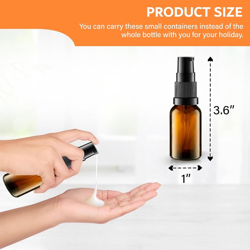 VitalUp 12 Pack Empty Refillable Glass Amber Pump Bottle Ideal for Lotion Cream Essential Oil Travel Small Container, 15ml - Image 2